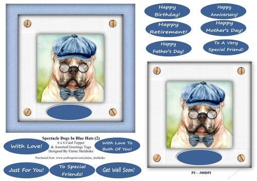 Spectacle Dogs In Blue Hats (2) - 6 x 6 Card Topper & Greetings Tags