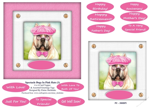 Spectacle Dogs In Pink Hats (2) - 6 x 6 Card Topper & Greetings Tags