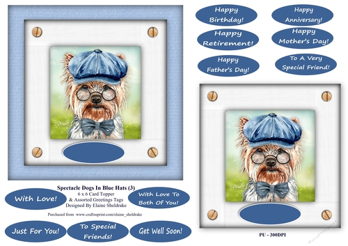 Spectacle Dogs In Blue Hats (3) - 6 x 6 Card Topper & Greetings Tags