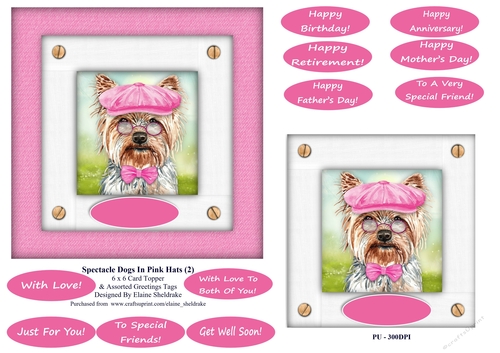 Spectacle Dogs In Pink Hats (3) - 6 x 6 Card Topper & Greetings Tags