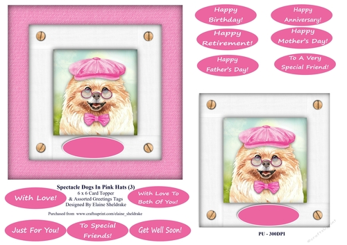 Spectacle Dogs In Pink Hats (4) - 6 x 6 Card Topper & Greetings Tags