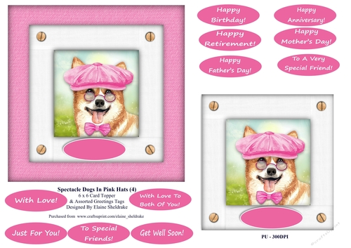 Spectacle Dogs In Pink Hats (5) - 6 x 6 Card Topper & Greetings Tags
