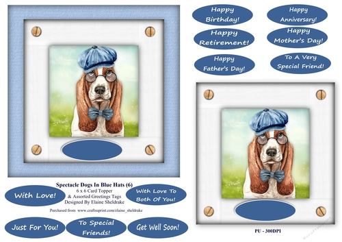 Spectacle Dogs In Blue Hats (6) - 6 x 6 Card Topper & Greetings Tags
