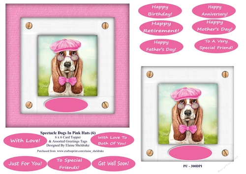 Spectacle Dogs In Pink Hats (6) - 6 x 6 Card Topper & Greetings Tags