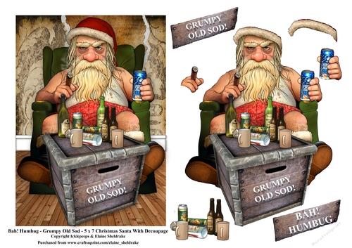 Bah! Humbug - Grumpy Old Sod - Christmas Santa - 5 x 7 Topper & Decoupage