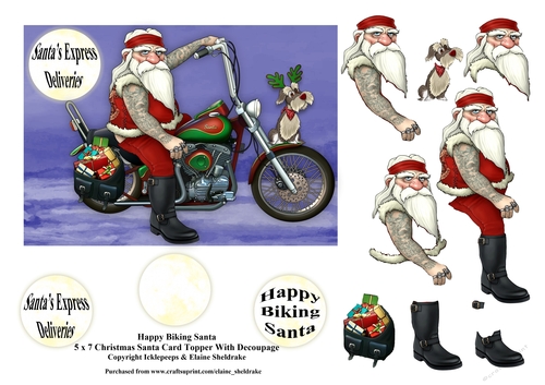 Happy Motor Biking Santa With Tattoos - 5 x 7 Topper & Decoupage