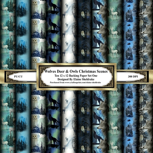Wolves Deer & Owls Winter Scenes - Ten 12 x 12 Assorted Backing Papers Set One