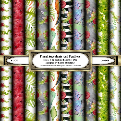 Floral Succulents, Cacti & Feathers - Ten 12 x 12 Assorted Backing Papers Set One