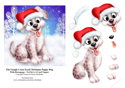 Googly Cross Eyed Christmas Puppy Dog With Decoupage To Fit 6 x 6 Card