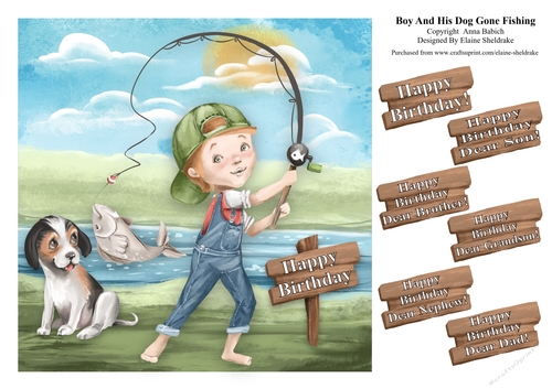 Boy & Dog Gone Fishing (1) - To Fit 8 x 8 Card - With Greetings Tags