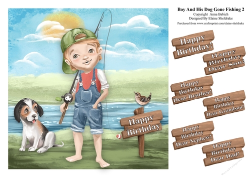Boy & Dog Gone Fishing (2) - To Fit 8 x 8 Card - With Greetings Tags