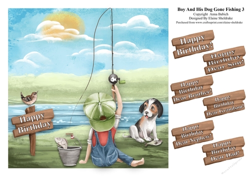 Boy & Dog Gone Fishing (3) - To Fit 8 x 8 Card - With Greetings Tags