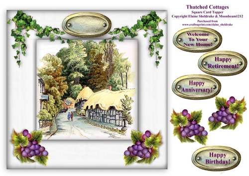 Thatched Cottages - Card Topper For New Home, Birthdays, Anniversary & Retirement