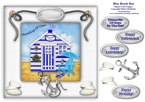 Blue Beach Hut Card Topper With Decoupage For Birthday, Anniversary, Retirement etc.