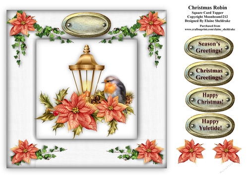 Christmas Robin & Poinsettias 8 x 8 Card Topper With Decoupage
