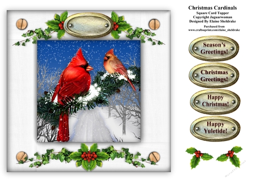 Christmas Cardinals Holly & Ivy 8 x 8 Card Topper With Decoupage