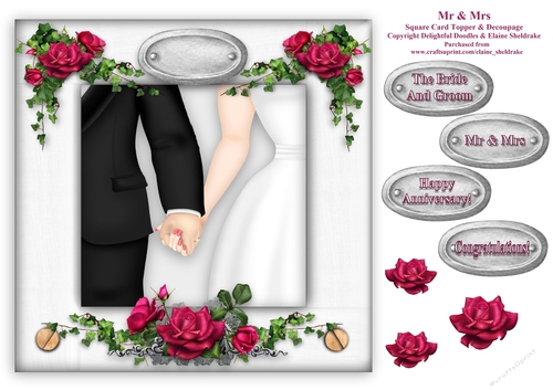 Mr & Mrs - 8 x 8  Wedding Or Anniversary Card Topper With Decoupage