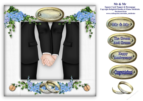 Mr & Mr - 8 x 8  Wedding, Civil Partnership Or Anniversary Card Topper With Decoupage