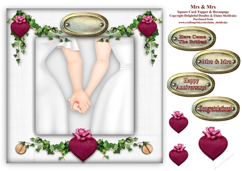 Mrs & Mrs - 8 x 8  Wedding, Civil Partnership Or Anniversary Card Topper With Decoupage