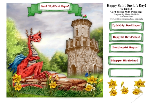 St Davids Day, or Welsh Dragon And Castle Birthday Card With Decoupage