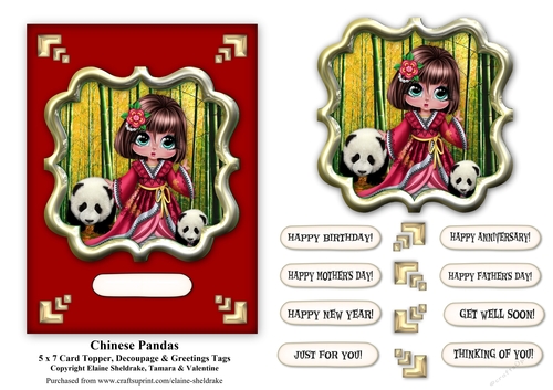 Chinese Pandas 5 x 7 Card Topper With Assorted Greetings & Decoupage