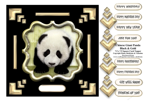 Black & Gold Chinese Giant Panda 7.5 x 7.5 Card Topper With Decoupage & Greetings Tags