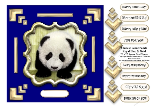 Blue & Gold Chinese Giant Panda 7.5 x 7.5 Card Topper With Decoupage & Greetings Tags
