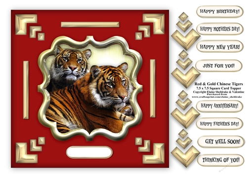 Red & Gold Chinese Tigers 7.5 x 7.5 Card Topper With Decoupage and Greetings Tags