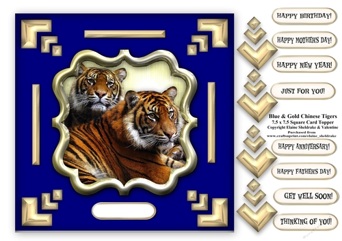 Royal Blue & Gold Chinese Tigers 7.5 x 7.5 Card Topper With Decoupage and Greetings Tags