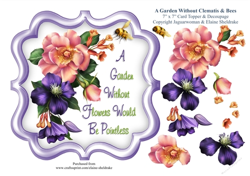 A Garden Without Clematis Flowers Would Be Pointless - 7 x 7 Card Topper With Decoupage