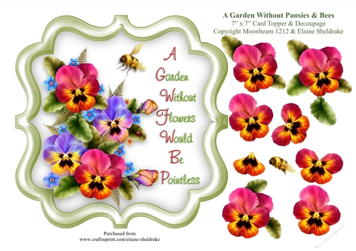 A Garden Without Pansy Flowers & Bees Would Be Pointless - 7 x 7 Card Topper With Decoupage