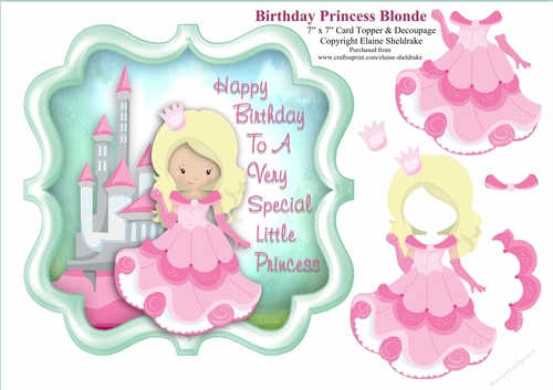Blonde Birthday Princess With Castle - 7 x 7 Card Topper & Decoupage