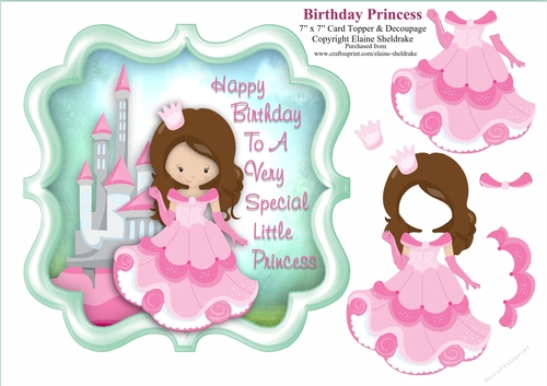 Brunette Birthday Princess With Castle - 7 x 7 Card Topper & Decoupage