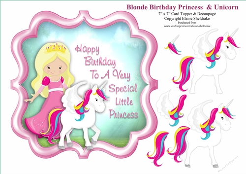 Blonde Birthday Princess And Unicorn - 7 x 7 Card Topper & Decoupage