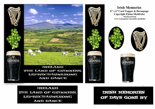 Irish Memories With Harp, Shamrock & Guinness  6 x 6 Card Topper With Decoupage