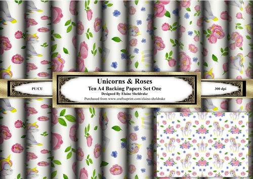 Unicorns And Pink Roses - Ten Sheets Of A4 Backing Paper