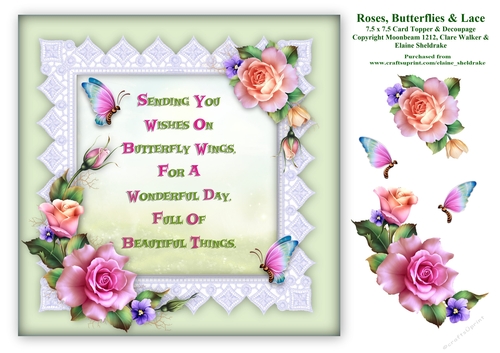 Roses Butterflies & Lace 7.5 x 7.5 Card Topper With Decoupage