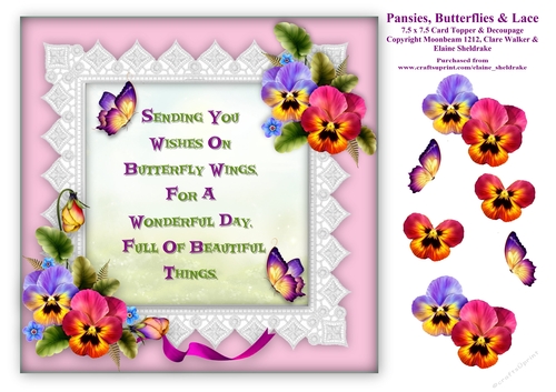 Pansies Butterflies & Lace 7.5 x 7.5 Card Topper With Decoupage