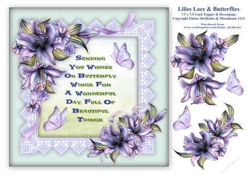 Lilies Butterflies & Lace 7.5 x 7.5 Card Topper With Decoupage