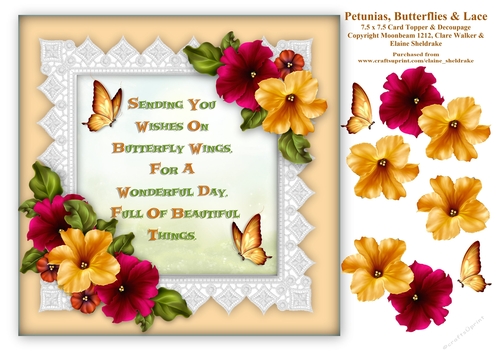 Petunias Butterflies & Lace 7.5 x 7.5 Card Topper With Decoupage