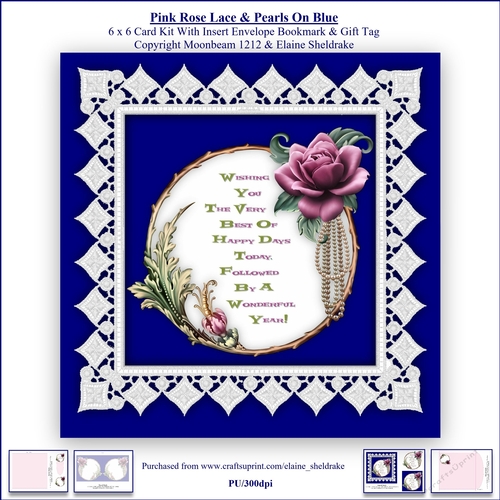 Pink Rose Lace & Pearls On Blue 6 x 6 Card Kit With Insert Envelope Gift Tag & Bookmark