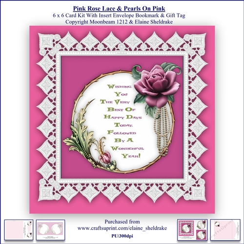 Pink Rose Lace & Pearls On Pink 6 x 6 Card Kit With Insert Envelope Gift Tag & Bookmark