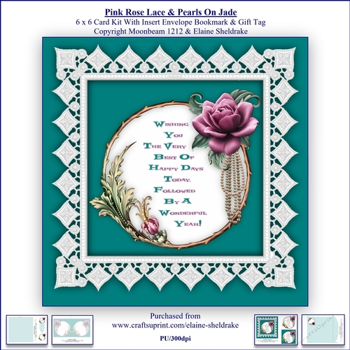 Pink Rose Lace & Pearls On Jade 6 x 6 Card Kit With Insert Envelope Gift Tag & Bookmark