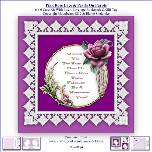 Pink Rose Lace & Pearls On Purple 6 x 6 Card Kit With Insert Envelope Gift Tag & Bookmark