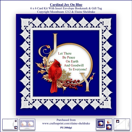 Cardinal Joy On Blue 6 x 6 Card Kit With Insert Envelope,Bookmark & Gift Tag