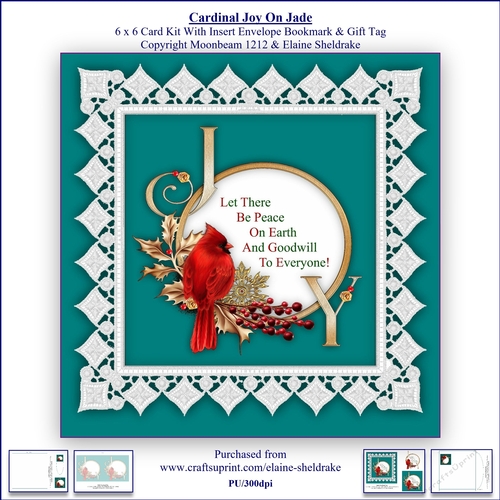 Cardinal Joy On Jade 6 x 6 Card Kit With Insert Envelope,Bookmark & Gift Tag