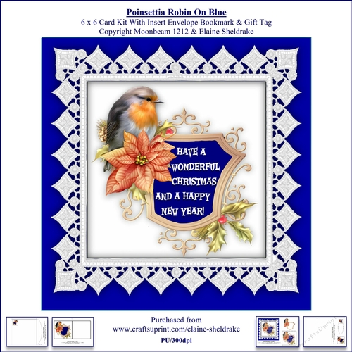 Poinsettia Christmas Robin On Blue 6 x 6 Card Kit With Insert Envelope Bookmark & Gift Tag