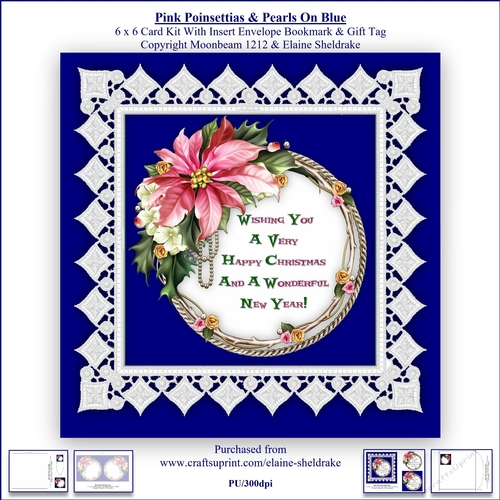 Pink Poinsettias Lace & Pearls On Blue 6 x 6 Card Kit With Insert Envelope Gift Tag & Bookmark