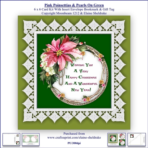 Pink Poinsettias Lace & Pearls On Green 6 x 6 Card Kit With Insert Envelope Gift Tag & Bookmark
