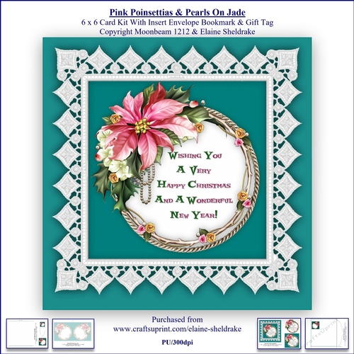 Pink Poinsettias Lace & Pearls On Jade 6 x 6 Card Kit With Insert Envelope Gift Tag & Bookmark